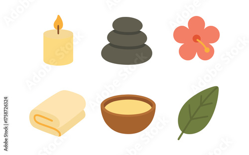 Minimalist spa icons: candle, stones, flower, towel, bowl, leaf