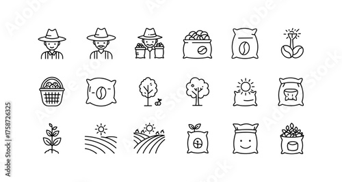 Collection of farming icons featuring farmers, crops, and tools in linear style