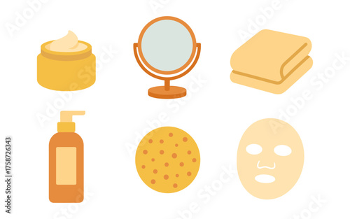 Simple beauty and skincare icons: cream, mirror, towel, lotion, sponge, mask