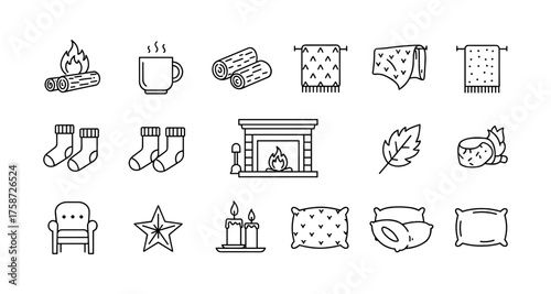 Cozy winter essentials: hygge icon set for home comfort and warmth
