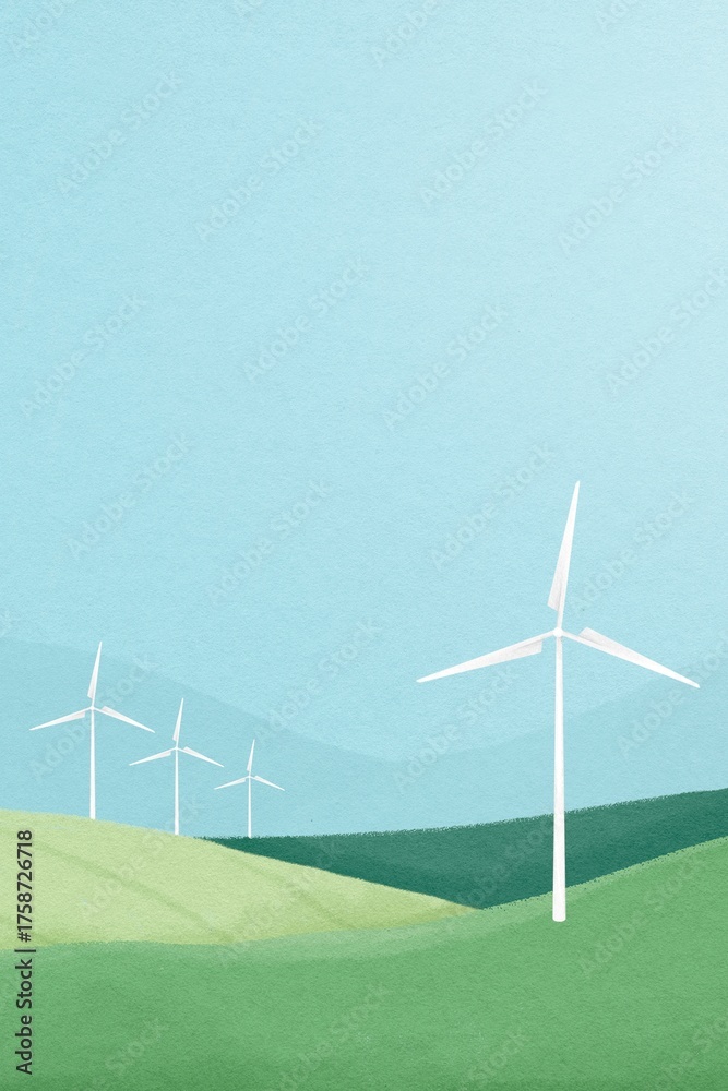 Fototapeta premium Wind farm background, watercolor landscape illustration
