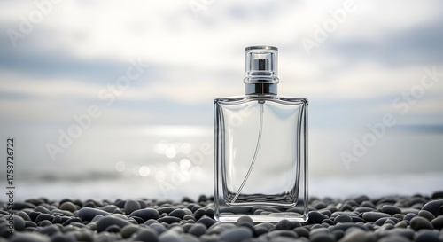 Elegant clear perfume bottle on serene pebble beach ocean backdrop fragrance beauty product luxury clean fresh sea minimal