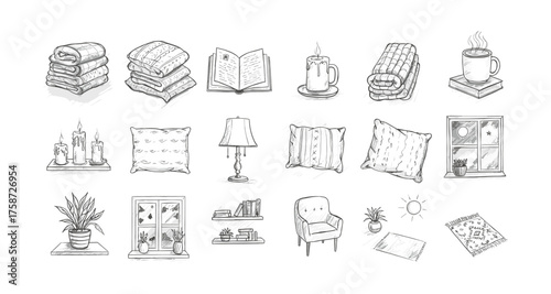 Cozy home sketches: pillows, books, and warm decor elements for relaxed interiors