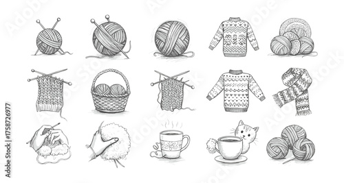 Charming set of hand drawn knitting elements and cozy patterns