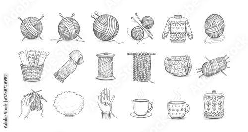 Cozy knitting elements in hand-drawn style for craft and diy projects
