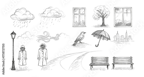 Hand drawn weather elements and urban scenes