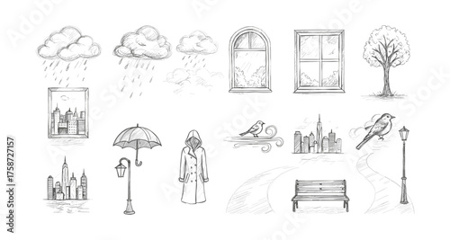 Hand drawn urban rainy day scene with buildings, nature, and weather elements