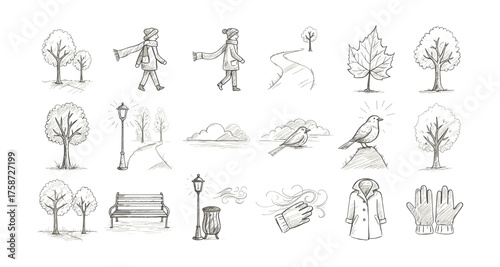 Charming hand drawn winter elements with trees, birds, coats, and accessories