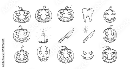 Sketched halloween icons: pumpkins, skulls, knives, candles, and teeth