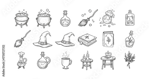 Hand-drawn witchcraft elements: cauldrons, potions, and magical symbols in black and white
