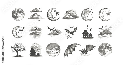 Monochrome night sky elements with celestial bodies and halloween symbols