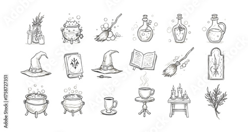 Magical witchcraft elements in hand-drawn style with potions and spellbook