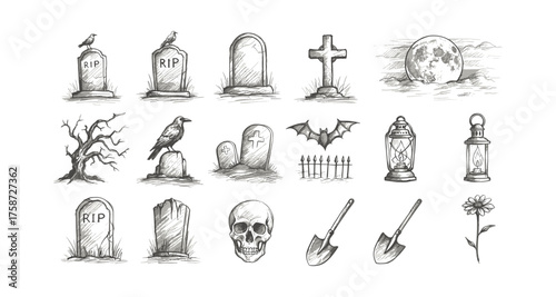 Hand drawn halloween elements featuring tombstones and lanterns for spooky designs