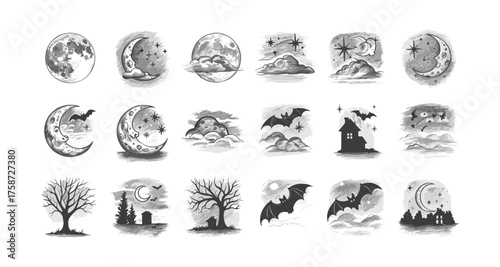 Monochrome nighttime elements with moon, stars, and bats
