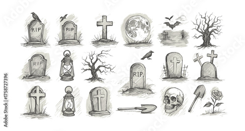 Hand-drawn halloween graveyard elements with tombstones, lanterns, and creepy trees