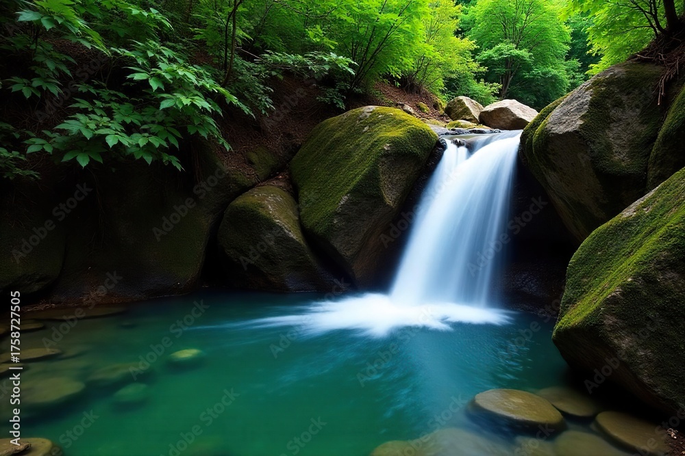 Fototapeta premium Serene Waterfall Cascading over Mossy Rocks into a Crystal Clear Pool, Lush Green Foliage, Perfect for Relaxation and Tranquility; Ideal for Travel, Nature, Wellness, and Spa Themes.