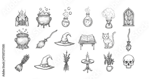 Magical items hand drawn set with witch hat, cauldron, cat, and skull