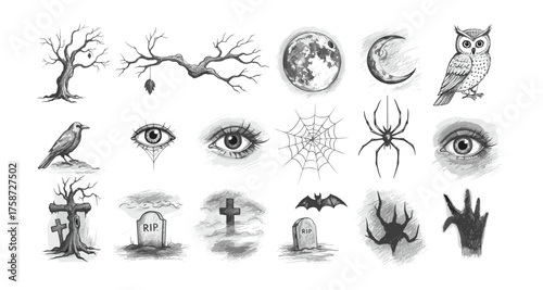 Monochrome halloween sketches with creepy elements and spooky symbols