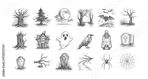 Spooky halloween sketches: haunted trees, ghosts, lanterns, and creepy creatures