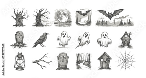 Hand-drawn halloween elements: ghosts, bats, and spooky trees
