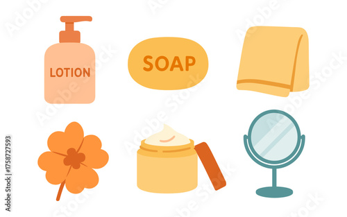 Bathroom essentials collection with lotion, soap, towel, mirror, leaf, and cream jar