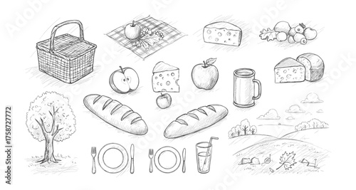 Hand drawn picnic elements with food, nature, and tableware in sketch style