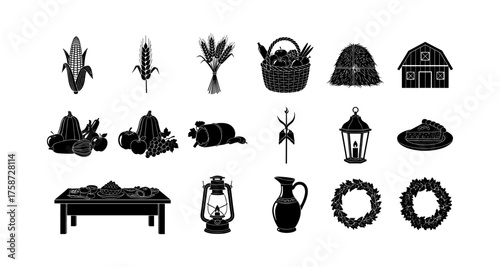 Black silhouette icons of harvest symbols and thanksgiving elements
