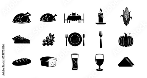 Thanksgiving dinner icons set: silhouette style food and drink essentials