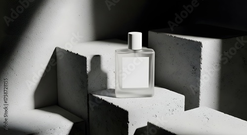 Minimalist frosted cosmetic bottle on concrete pedestals dramatic light shadow branding mockup beauty product display