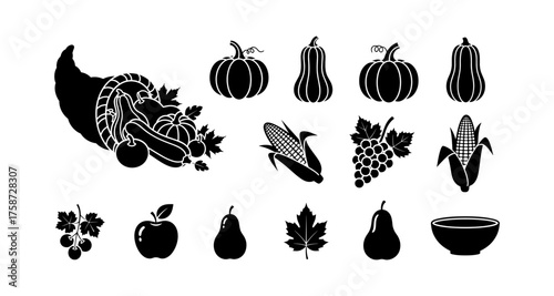 Harvest cornucopia: black silhouette icons of autumn fruits and vegetables