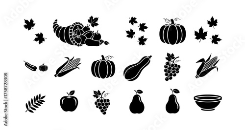 Black silhouette harvest: autumn fruits, vegetables, and maple leaves collection