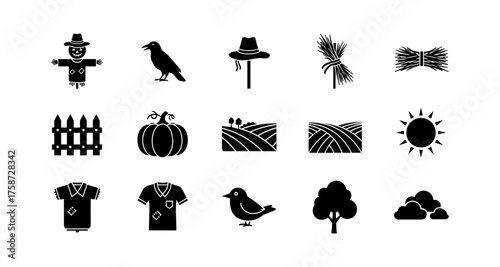 Farm elements: black silhouette icons of rural life and nature