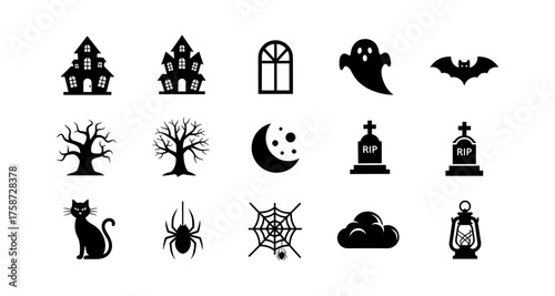 Halloween silhouettes: spooky icons including haunted houses and ghosts