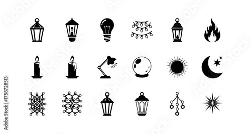 Variety of black silhouettes of lighting and astronomical icons on white background