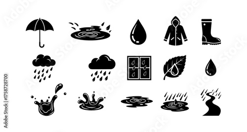 Silhouette rain elements: umbrella, raincoat, boots, drops, puddle icons