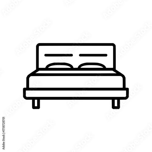 Illustration of a minimalist bed frame with headboard and two pillows in black and white outline style