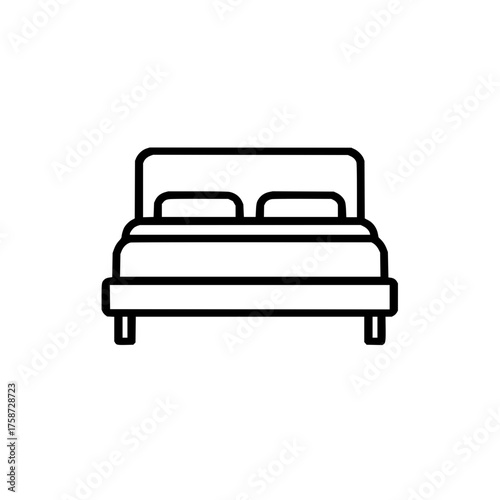 A simple line drawing of a bed with two pillows and a headboard displayed in a minimalist style design