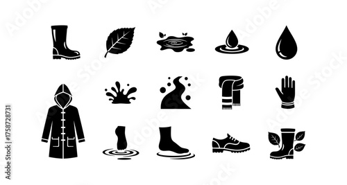 Black silhouette icons of autumn rainy day essentials