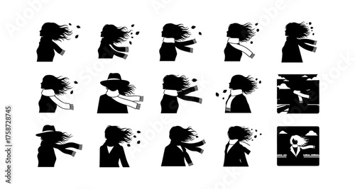 Silhouette of woman with flowing hair and scarf in windy weather