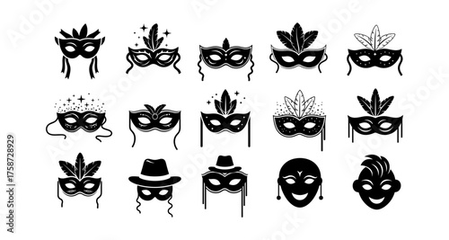 Decorative masks collection with feathers and accessories on white background