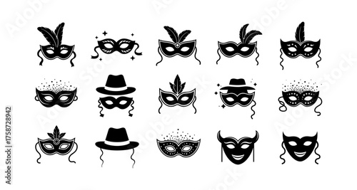 Elegant carnival mask icons for festive design in black silhouette style