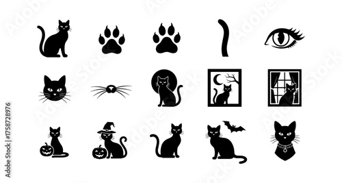 Silhouette cat collection: halloween icons and themes in black and white