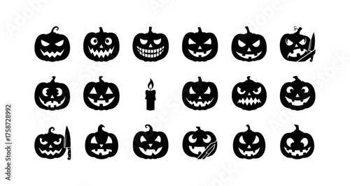 Halloween pumpkin faces collection with candles and knives in silhouette style