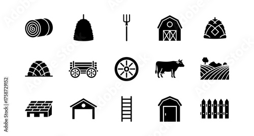 Set of farm silhouettes featuring barn, hay, cow, and farm tools