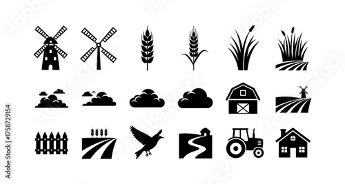 Farm icons collection: silhouette designs of agriculture, harvest, and rural life elements