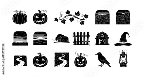 Halloween silhouette collection: pumpkins, haunted barn, spooky paths, and more