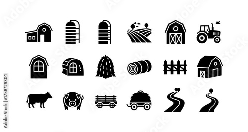 Set of minimalist farm icons featuring barns, tractors, and animals