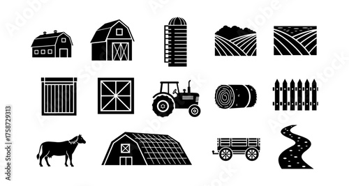 Farm silhouette icons: barns, tractor, crop fields, and more