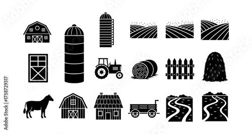 Farm elements silhouette set with barn, tractor, and fields