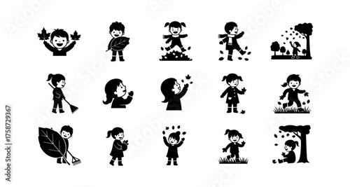 Silhouette kids enjoying autumn leaves in various playful activities set